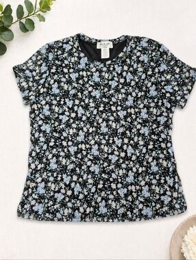 Kim & Cami Los Angeles Floral Mesh Top M Lined Sheer Sleeve Light Blue Black